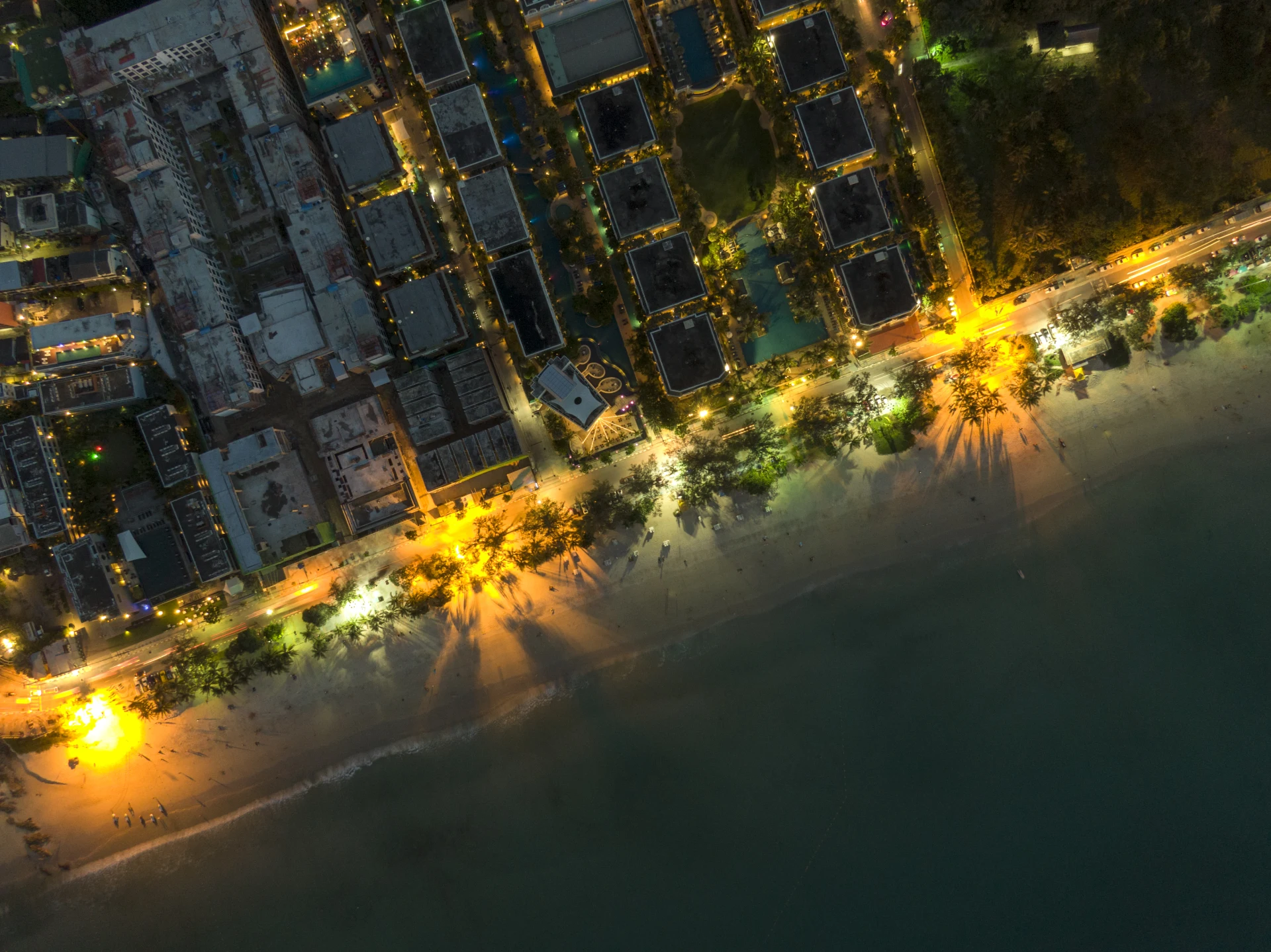 Patong Beach Phuket night aerial view of promenade and hotels