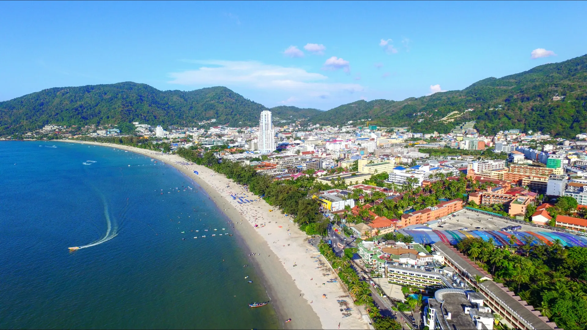 Patong Beach Phuket panorama: sea, city, and mountains day view