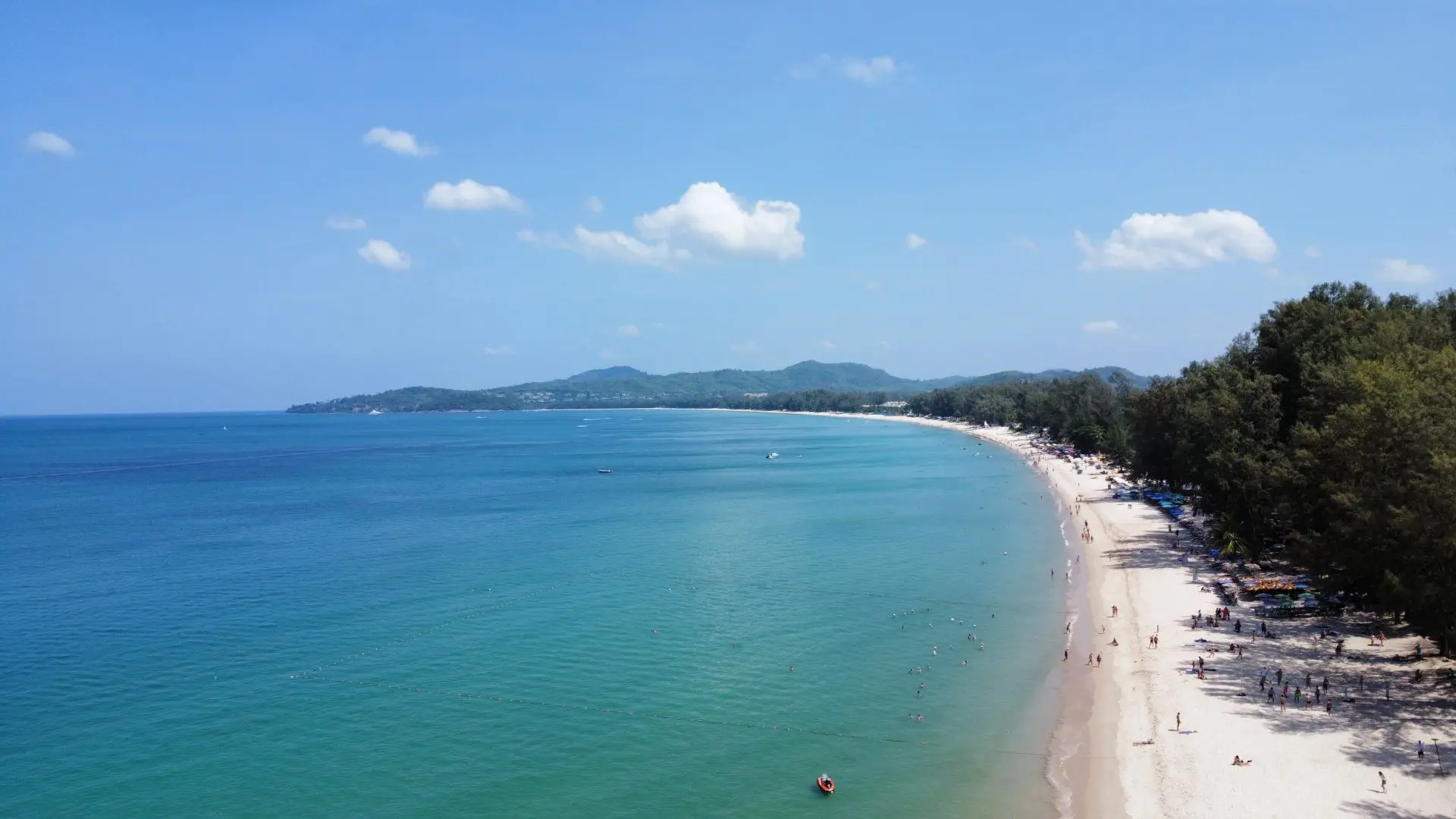 Panoramic top view of the Bang Tao coastline from a bird's-eye view, Phuket