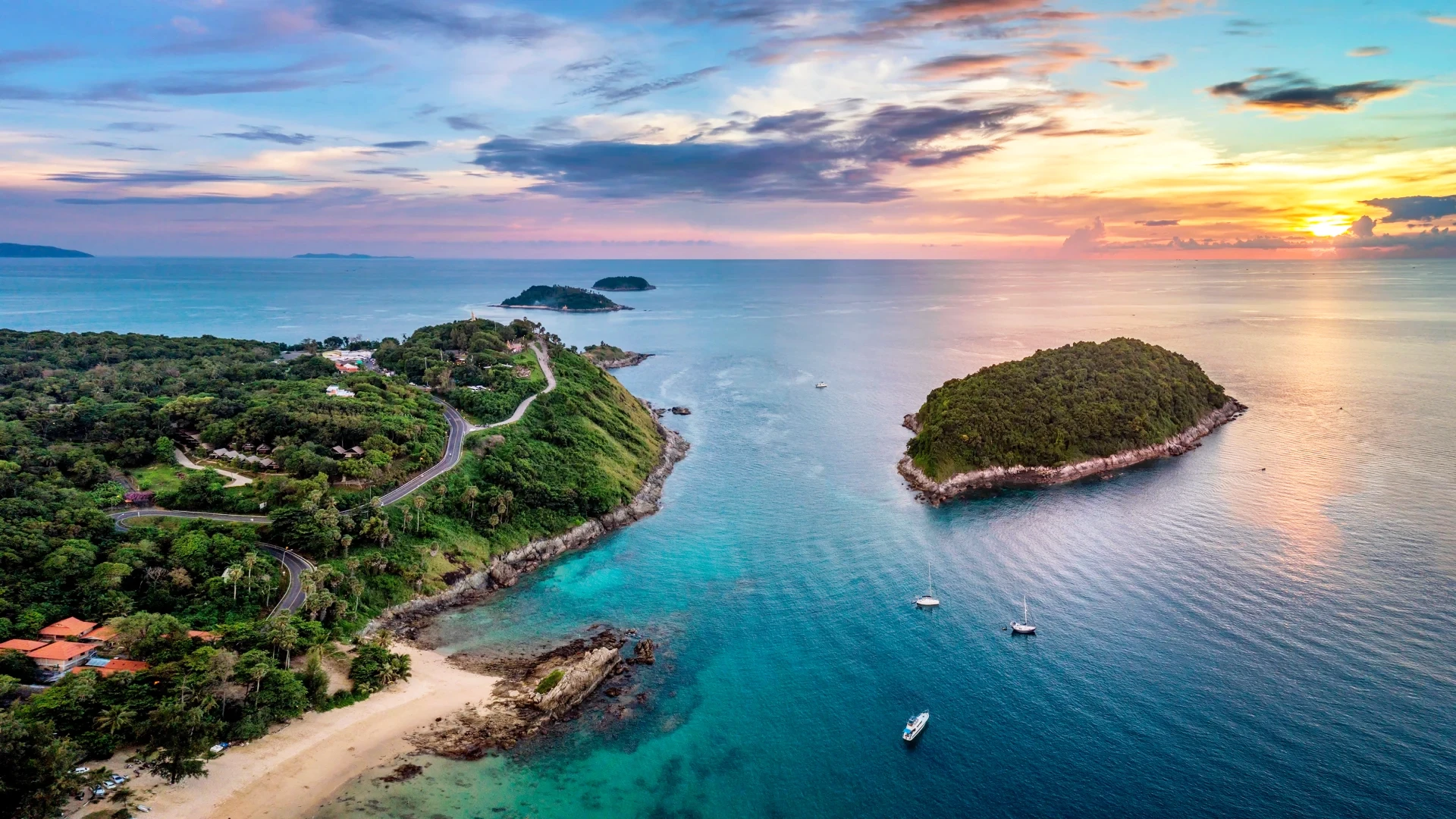 Rawai coast at sunset, bird's eye view.