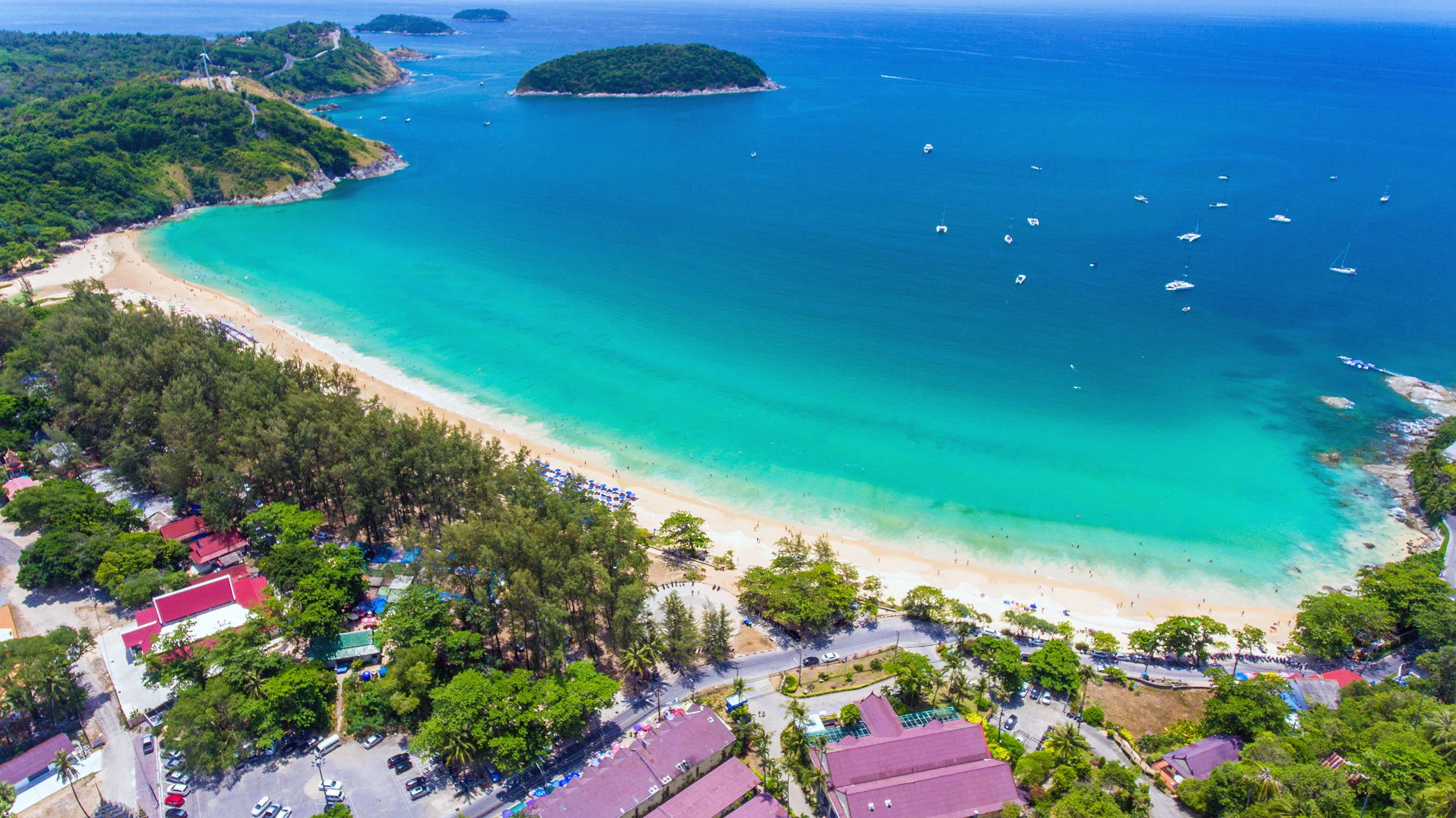 Aerial view of Nai Harn beach and Rawai district